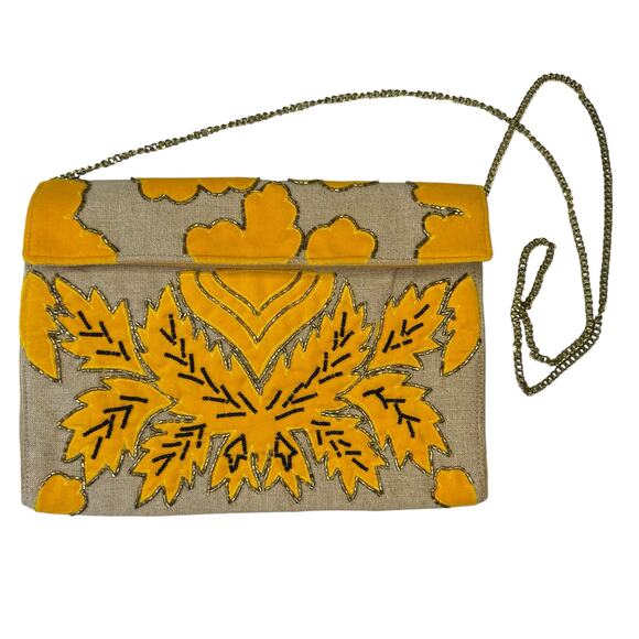 Lulus Meadows Beige and Mustard Yellow Velvet Embroidered Clutch - Picture 2 of 4